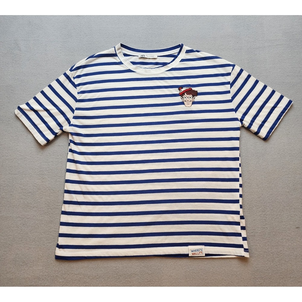 Zara Where's Wally Where's Waldo Striped T-Shirt Blue White Embroidered Size SM.